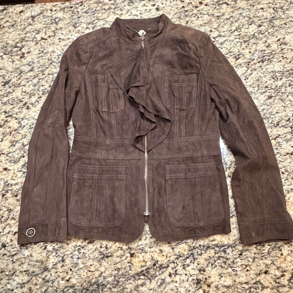 Anne Klein New York Brown Suede Ruffle Front Zip Jacket Size 10 ws